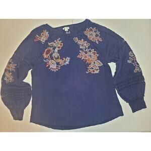 Sundance Women’s M Blue Frayed Hem Floral Embroidered Detailed Sweater| Boho